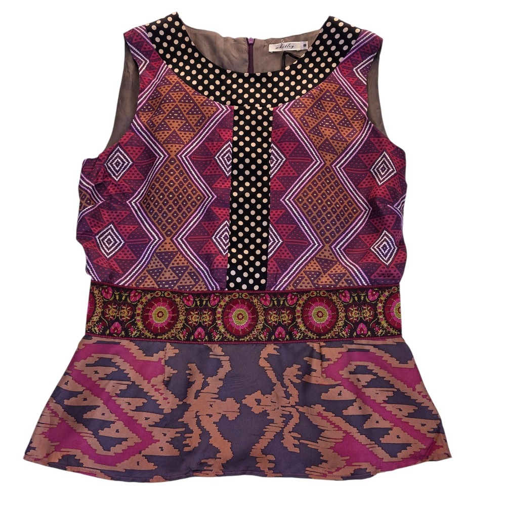 NWT Whitley Womens Silk Mixed Print Peplum Top S Sleeveless Geometric Polka Dot